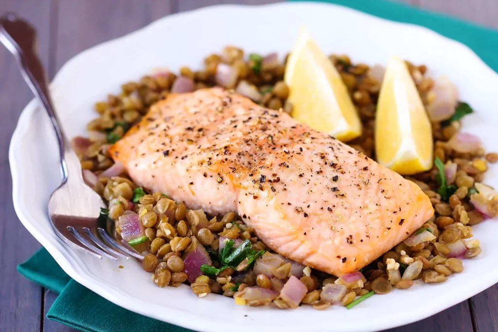 Baked Salmon with Lentil Salad