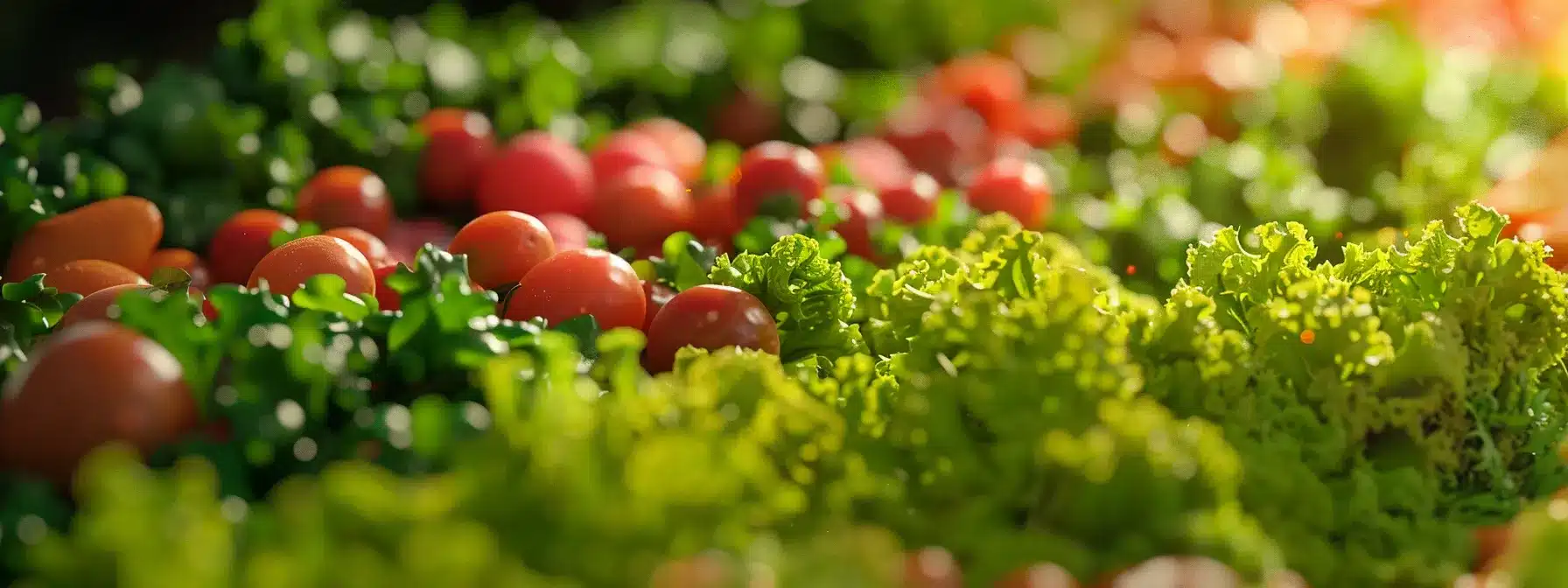 a close-up shot of a colorful, vibrant farmers market stall overflowing with fresh, organic produce, including ripe tomatoes and bright green lettuce.