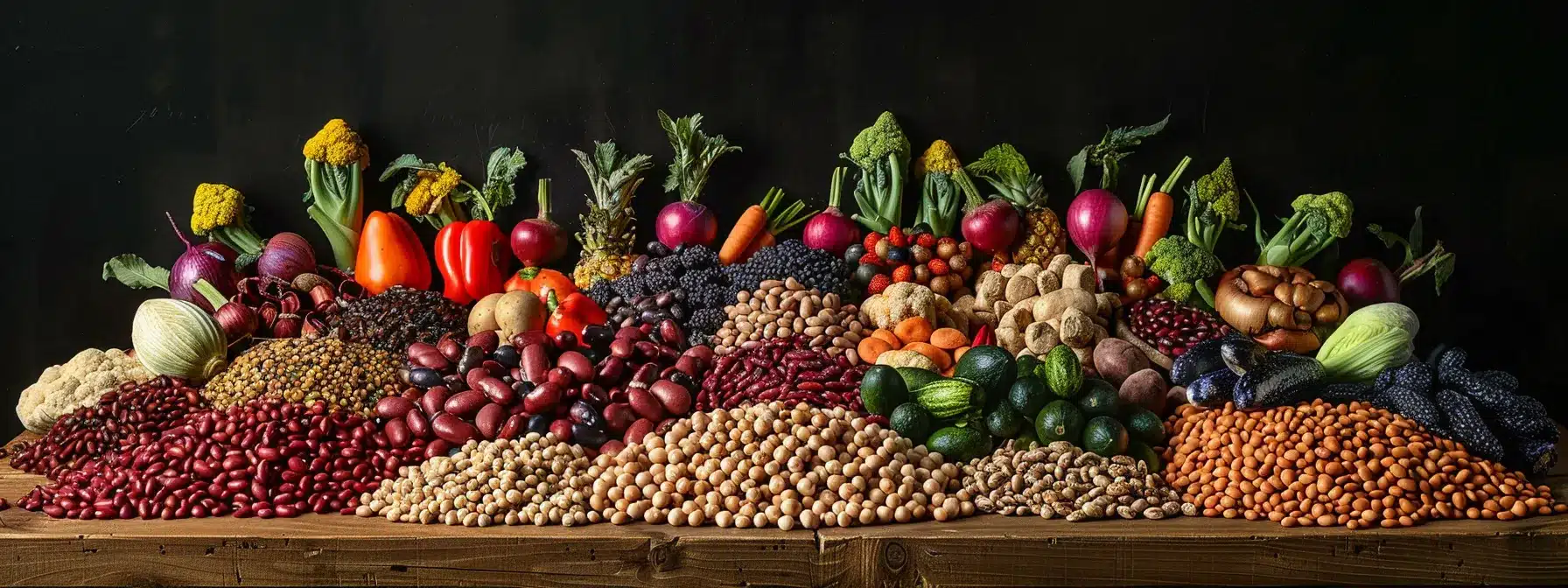 a colorful array of fiber-rich foods like beans and vegetables displayed on a wooden table, showcasing the importance of fiber for digestive wellness.