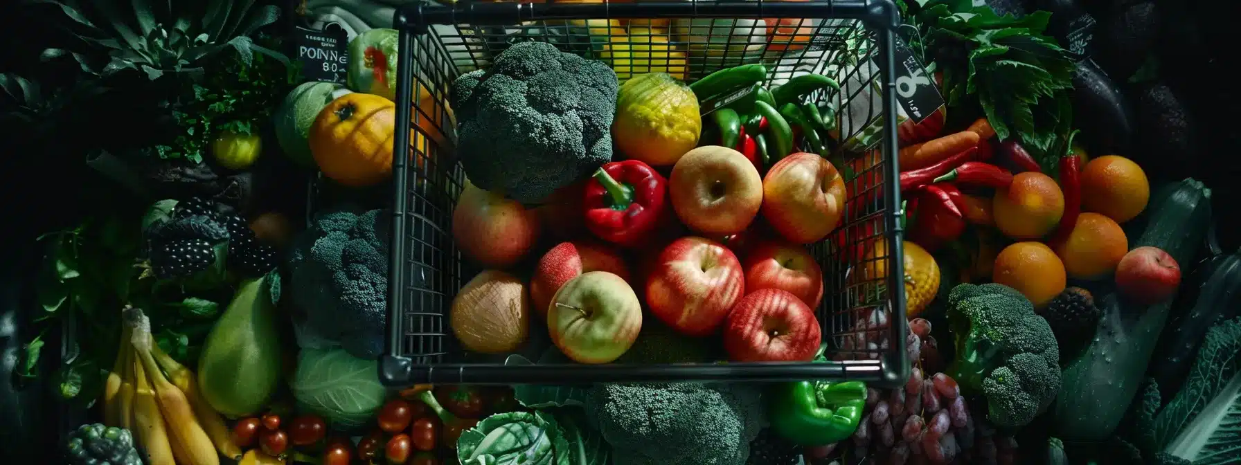 a colorful array of fiber-rich fruits and vegetables overflowing in a grocery cart, ready for meal planning and healthy snacking.