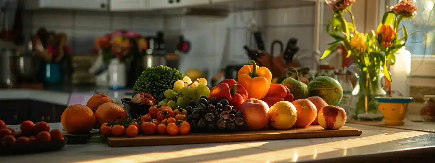 a colorful array of fresh fruits and vegetables neatly arranged on a kitchen counter.