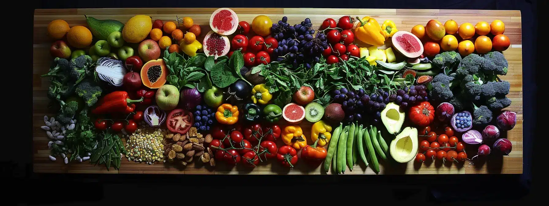 a colorful array of fresh fruits, vegetables, grains, and proteins arranged neatly on a wooden cutting board.