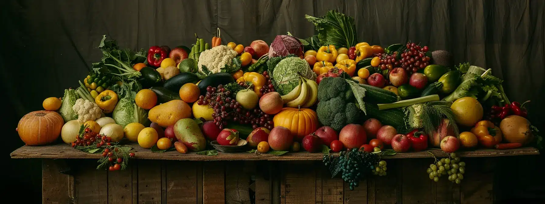 a colorful array of fresh fruits and vegetables piled on a rustic wooden table, showcasing the importance of dietary fiber for overall wellness.