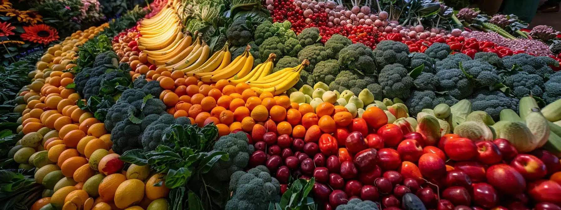 a colorful array of fresh fruits and vegetables, including vibrant broccoli, showcasing the variety and benefits of high-fiber diets.