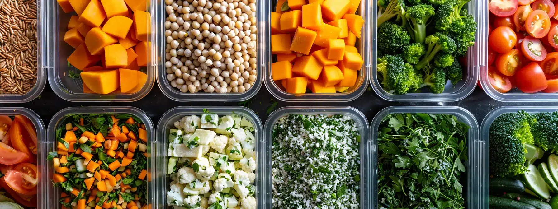 a colorful array of fresh vegetables and grains neatly organized in meal prep containers.