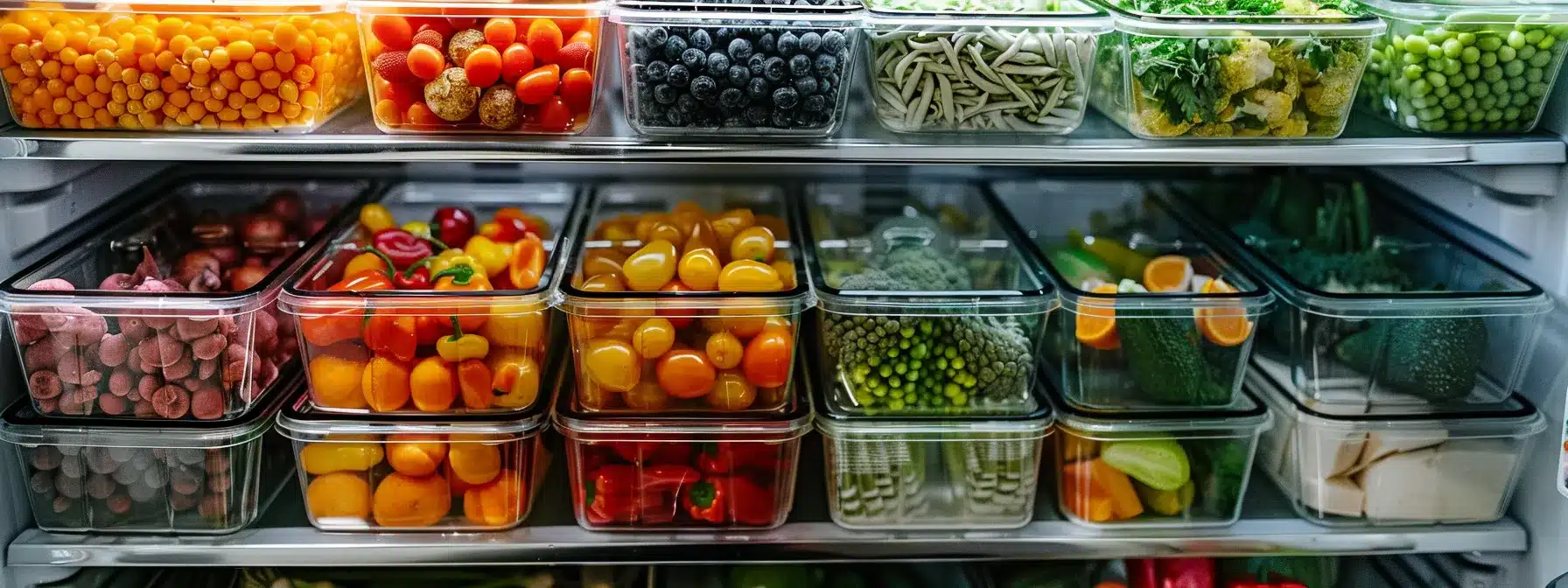 a colorful array of neatly organized fruits, vegetables, and containers of cooked dishes in a refrigerator, showcasing smart choices and healthy meal prep practices.