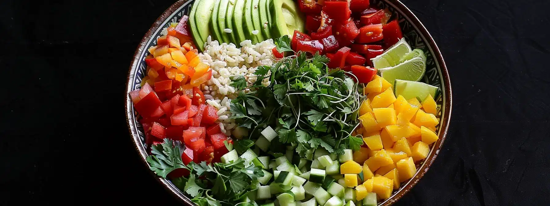 a colorful bowl filled with a variety of fiber-rich foods like rice, fruits, and vegetables, exuding freshness and vitality.