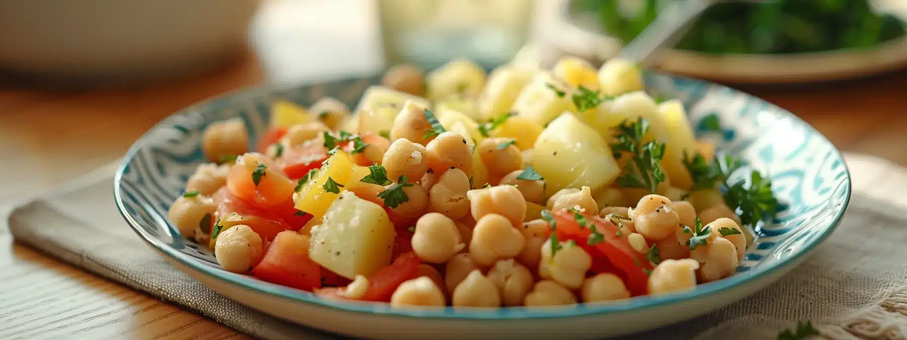 a colorful plate filled with fiber-rich foods like chickpeas and potatoes, showcasing a healthy and balanced diet for weight management.