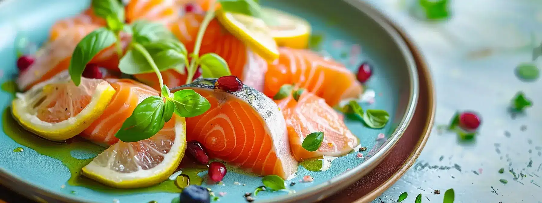 a colorful plate filled with nutrient-dense foods like fish and olive oil, balanced with appropriate portions of macros, set against a bright backdrop.