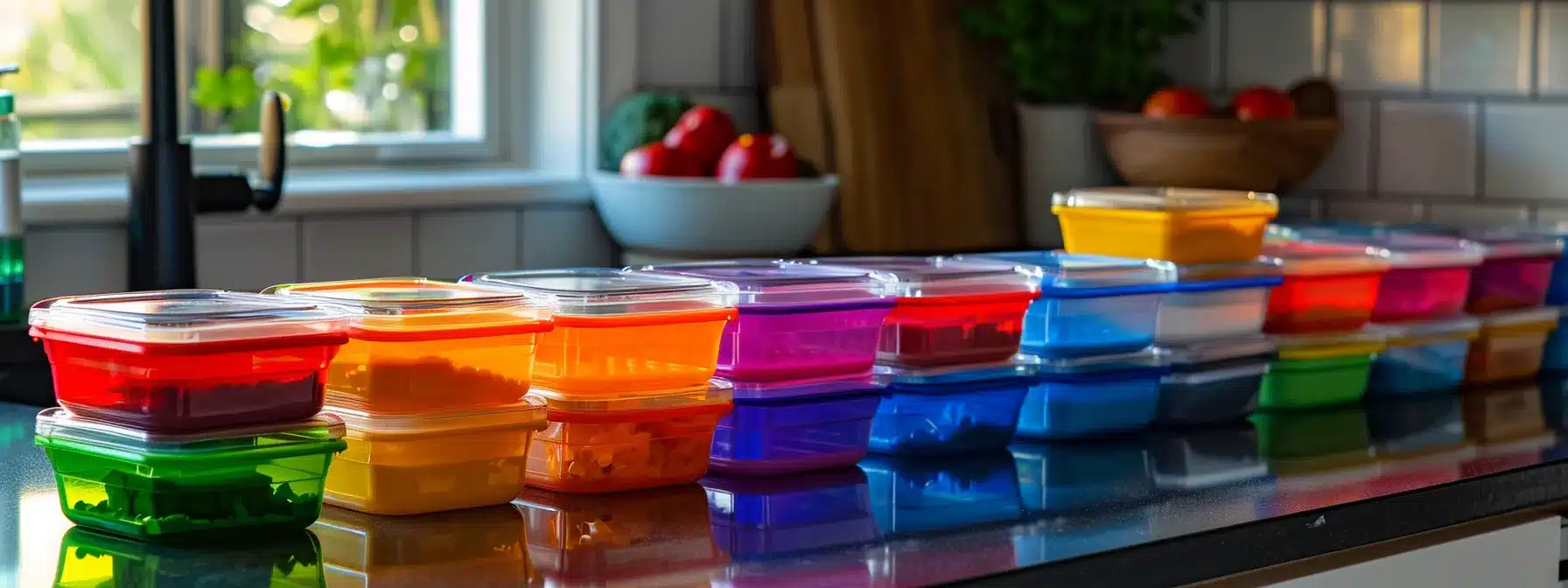 a diverse array of colorful, airtight bpa-free meal prep containers lined up neatly on a kitchen countertop.