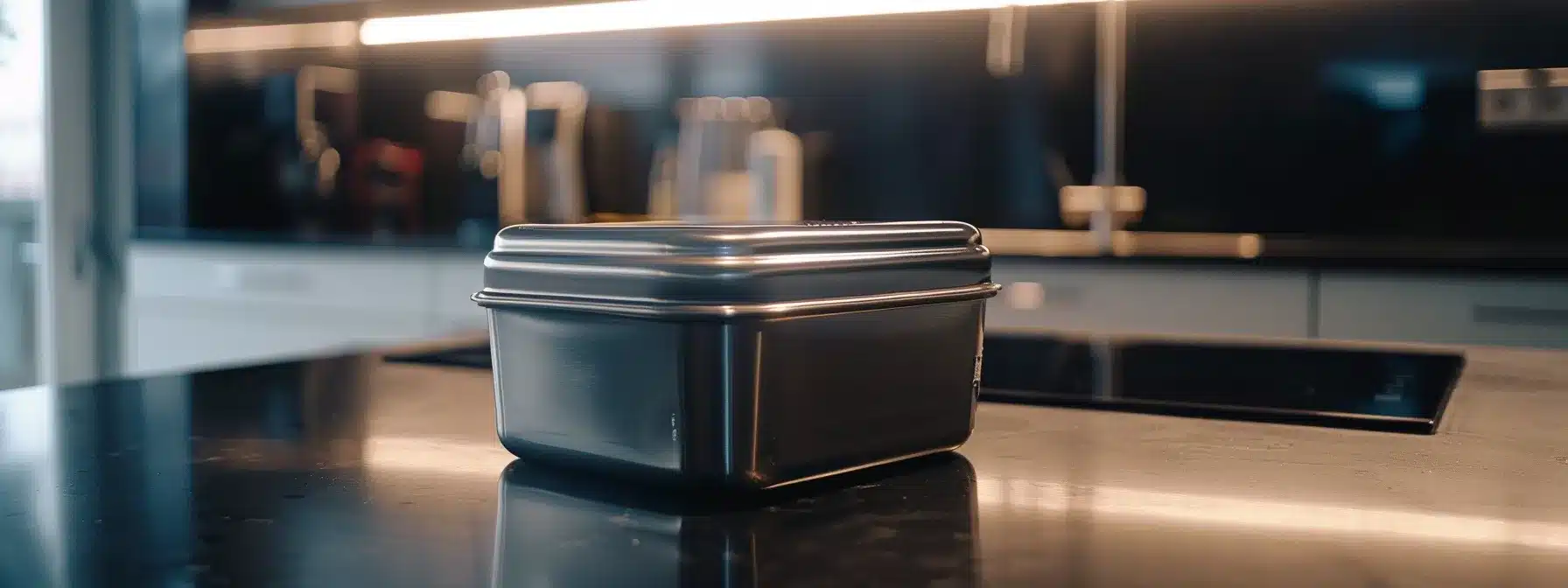 a gleaming stainless steel meal prep container sits atop a sleek kitchen counter, exuding durability and reliability for long-term use.