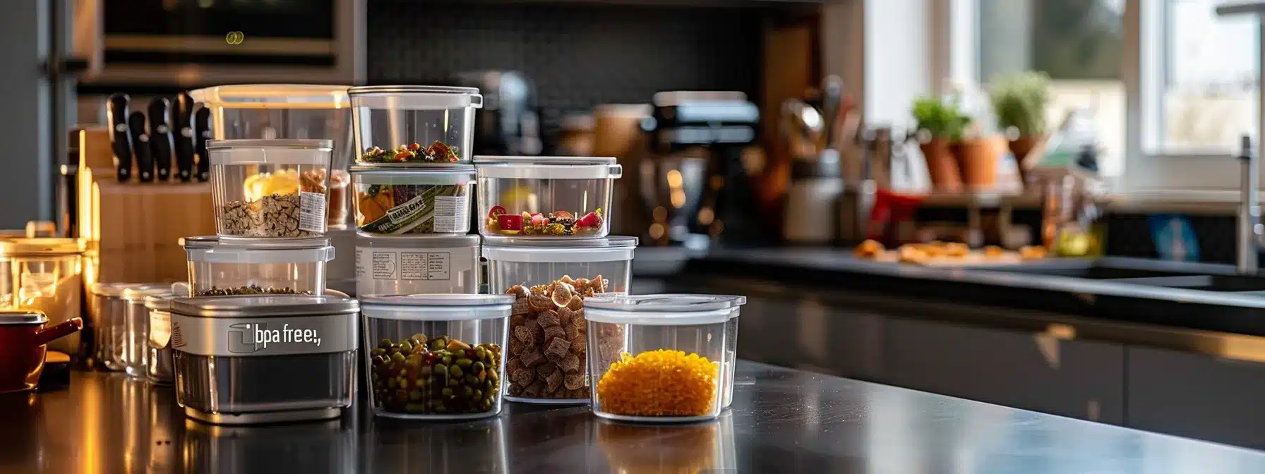 a kitchen counter with various meal prep containers, some labeled 