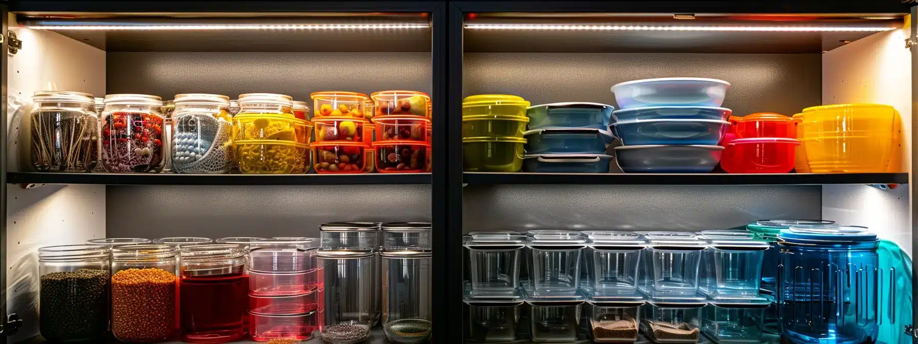 a neatly organized cabinet filled with sparkling clean and durable bpa-free containers.