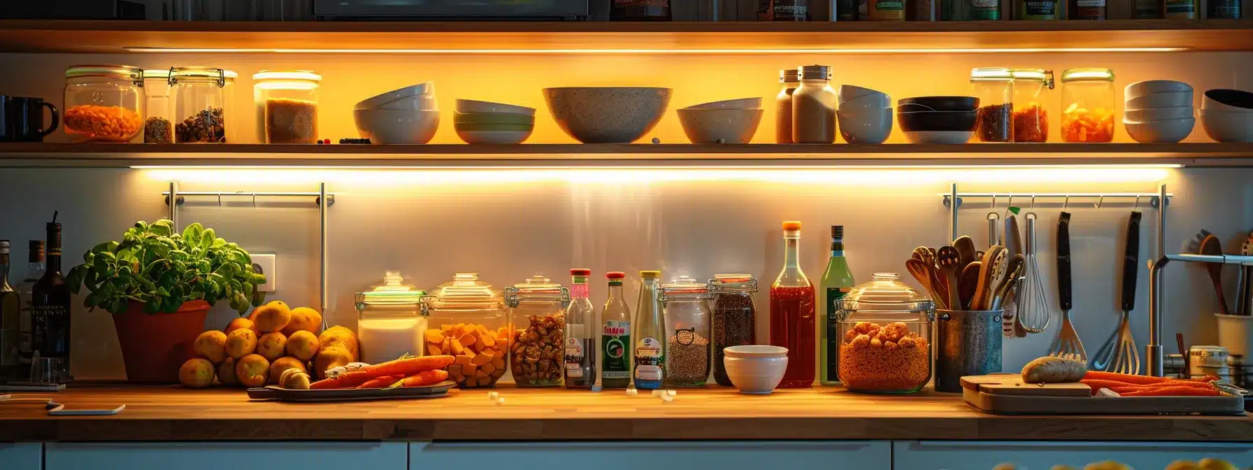 a neatly organized kitchen counter with colorful ingredients like sweet potatoes and yogurt, ready for meal prep.