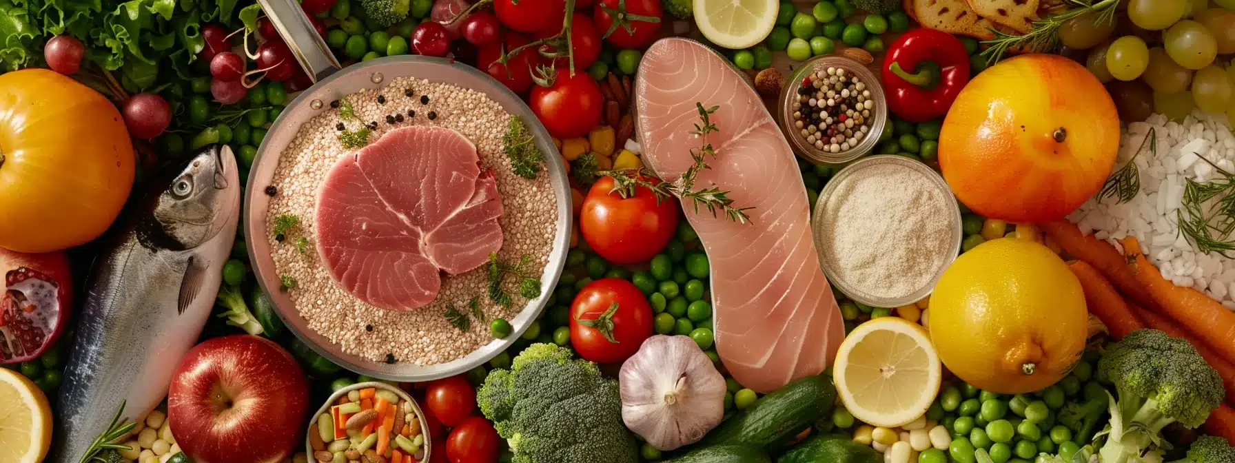 a person carefully weighing and measuring ingredients while adjusting a meal plan, surrounded by a variety of healthy foods like colorful vegetables and fresh tuna.