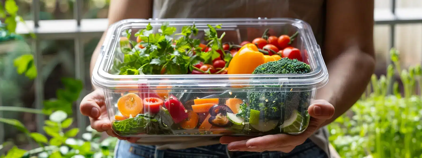 a person confidently holding up a transparent, eco-friendly meal prep container, showcasing its bpa-free label, with fresh and colorful vegetables neatly packed inside.