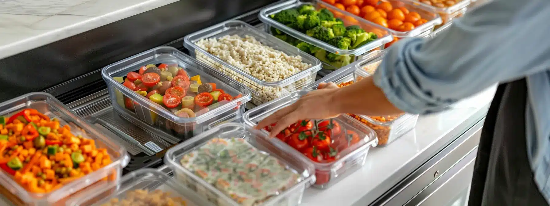 a person confidently selecting a clear, bpa-free meal prep container among a variety of options, showcasing informed decision-making for health-conscious meal prepping.