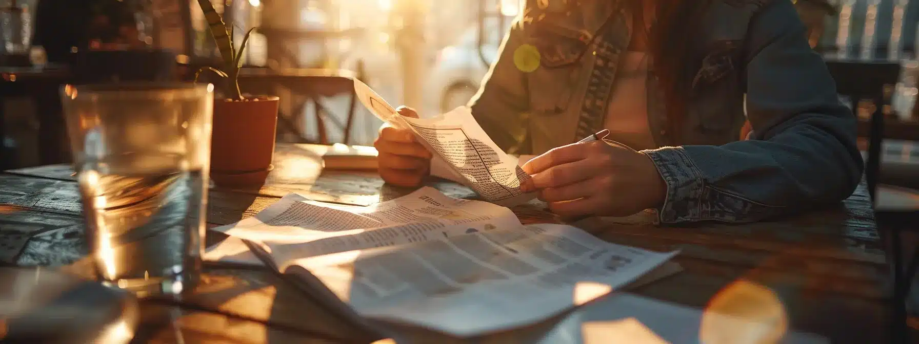 a person reading through a stack of glowing customer reviews and testimonials while sitting at a rustic wooden table.