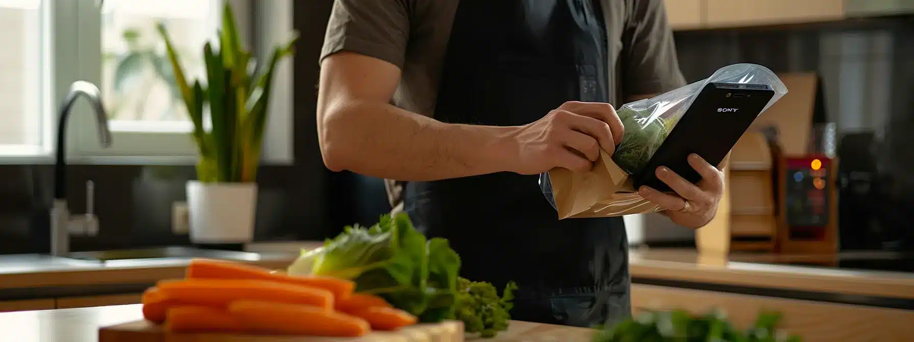 a person receiving a neatly packaged, fresh meal prep delivery at their doorstep, with a user-friendly ordering app in the background for convenience.