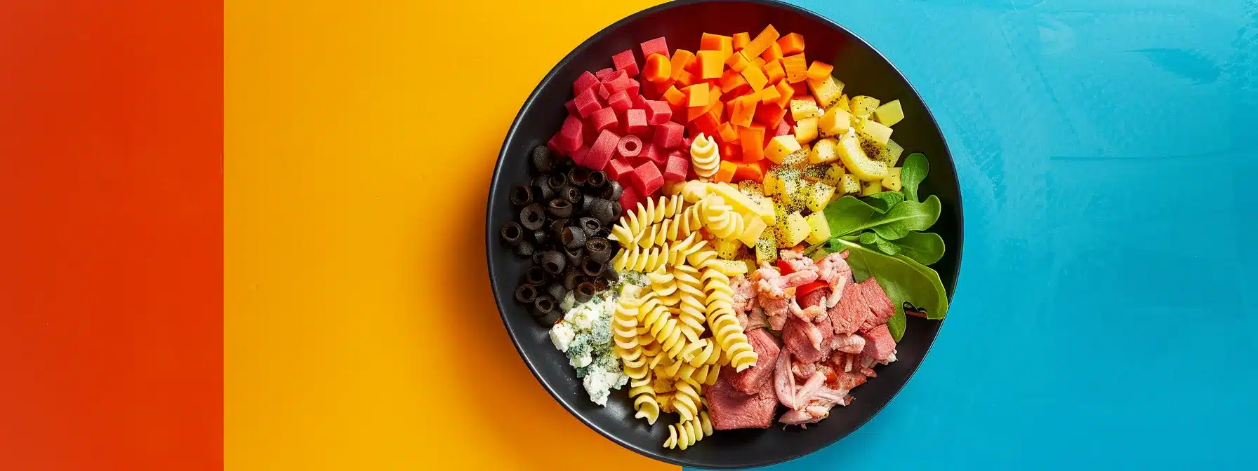 a photo of a colorful plate filled with a balanced mix of pasta, meat, and oil, representing setting personal macronutrient goals for tailored nutrition plans.