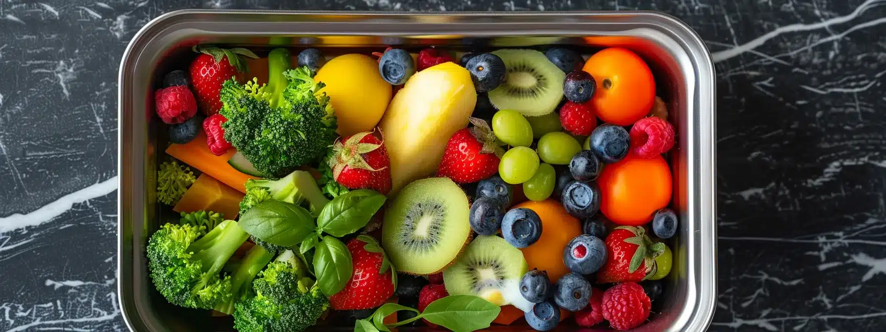 a sleek stainless steel bpa-free meal prep container filled with colorful, fresh fruits and vegetables.