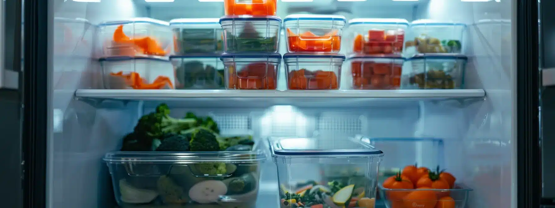 a stack of leak-proof, microwave-safe bpa-free containers neatly organized in a fridge, showcasing convenience and food safety for meal prep.