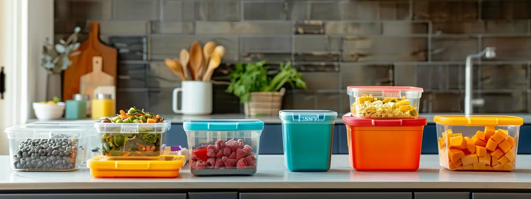 a vibrant array of bpa-free meal prep containers from popular brands, showcasing varied sizes and colors on a sleek kitchen countertop.