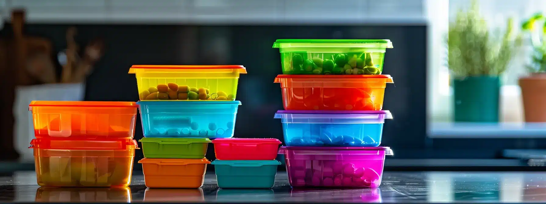 a vibrant array of bpa-free meal prep containers stacked neatly on a kitchen counter, symbolizing a commitment to reducing plastic waste and promoting sustainability.