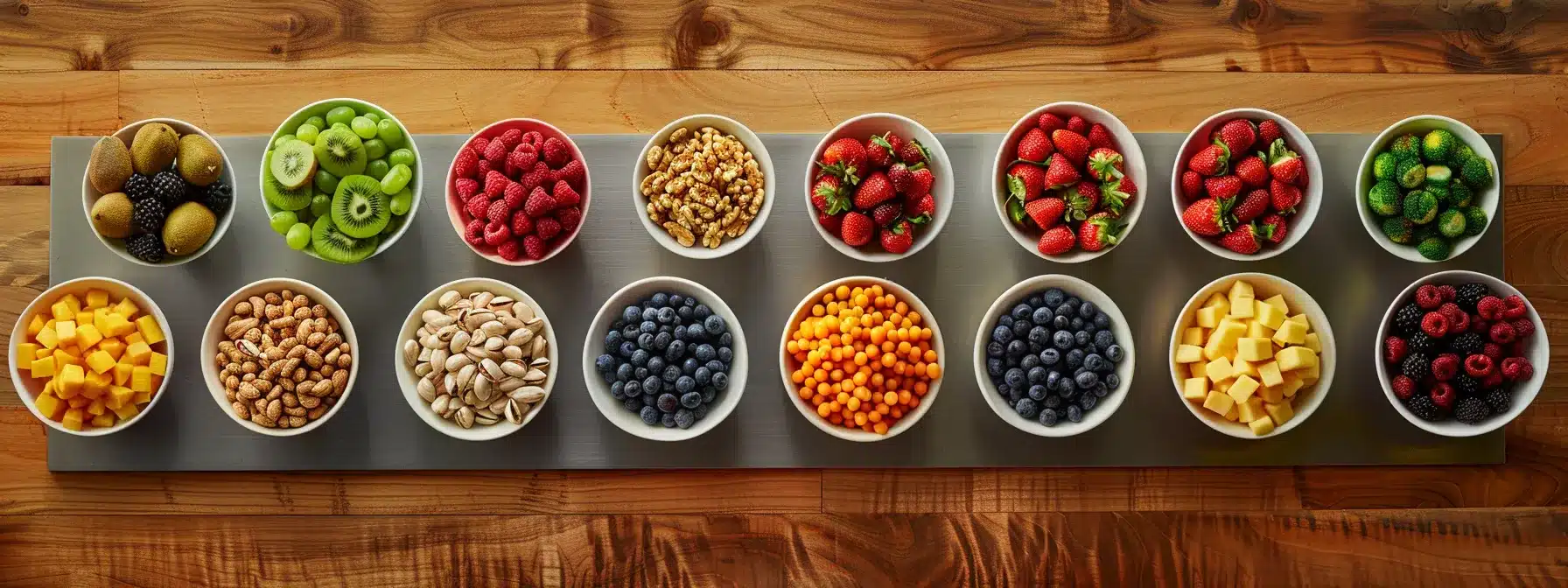 a vibrant array of colorful fruits and nuts spread out on a wooden table, ready to be assembled into nutritious snack bowls for on-the-go energy.