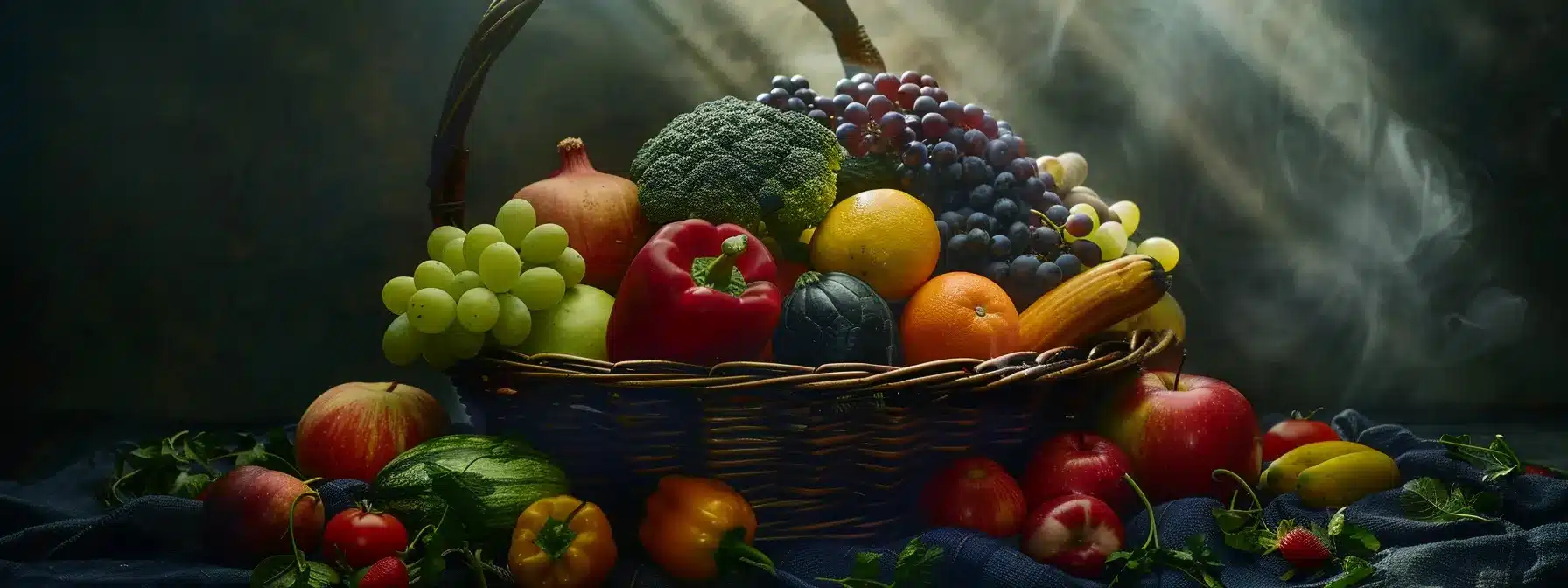 a vibrant assortment of colorful fruits and vegetables arranged in a basket, showcasing the key role of fiber in promoting a healthy lifestyle.