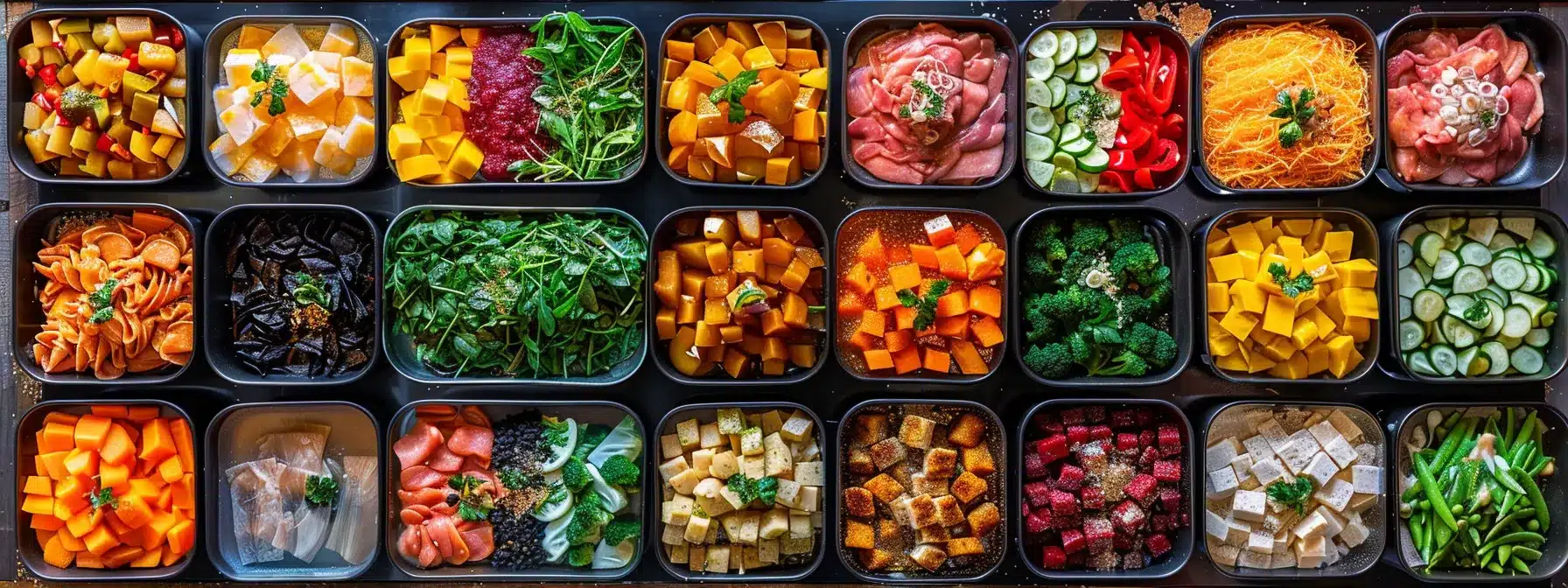 a vibrant display of colorful and diverse meal options at a local meal prep service, showcasing variety and customization.