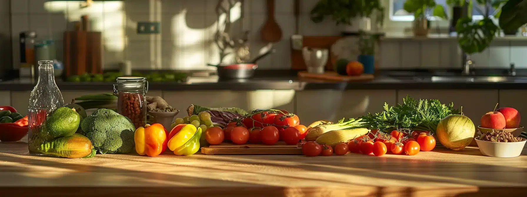 a vibrant kitchen counter filled with colorful fruits, vegetables, and lean proteins, showcasing the essential ingredients for balanced and healthy meal preparation.