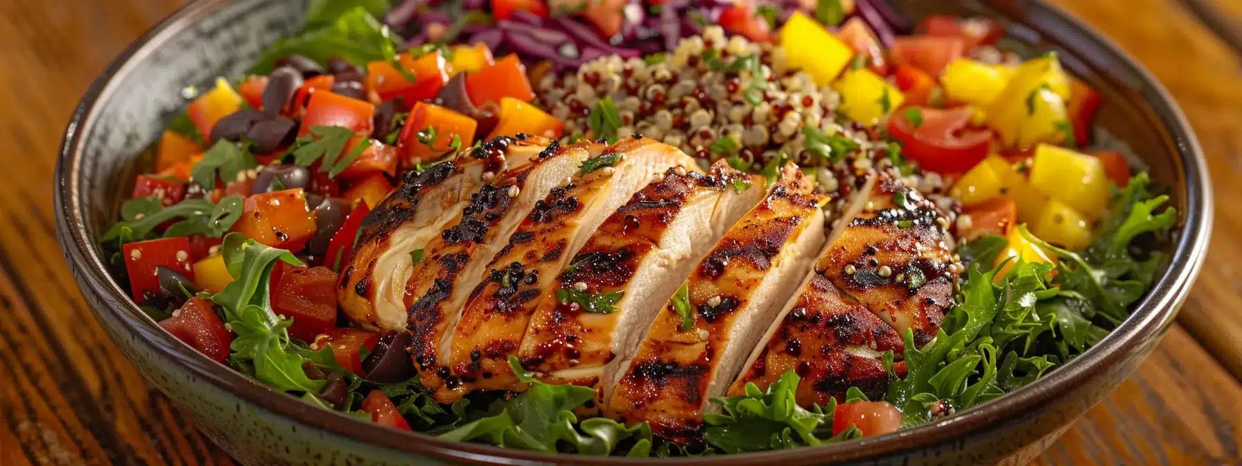 a vibrant salad bowl filled with colorful vegetables, quinoa, and grilled chicken on a wooden table, ready for a quick and healthy lunch on a busy schedule.