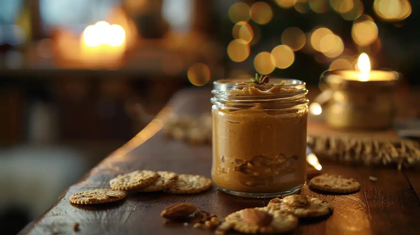 Jar of Nut Butter and Whole Grain Crackers