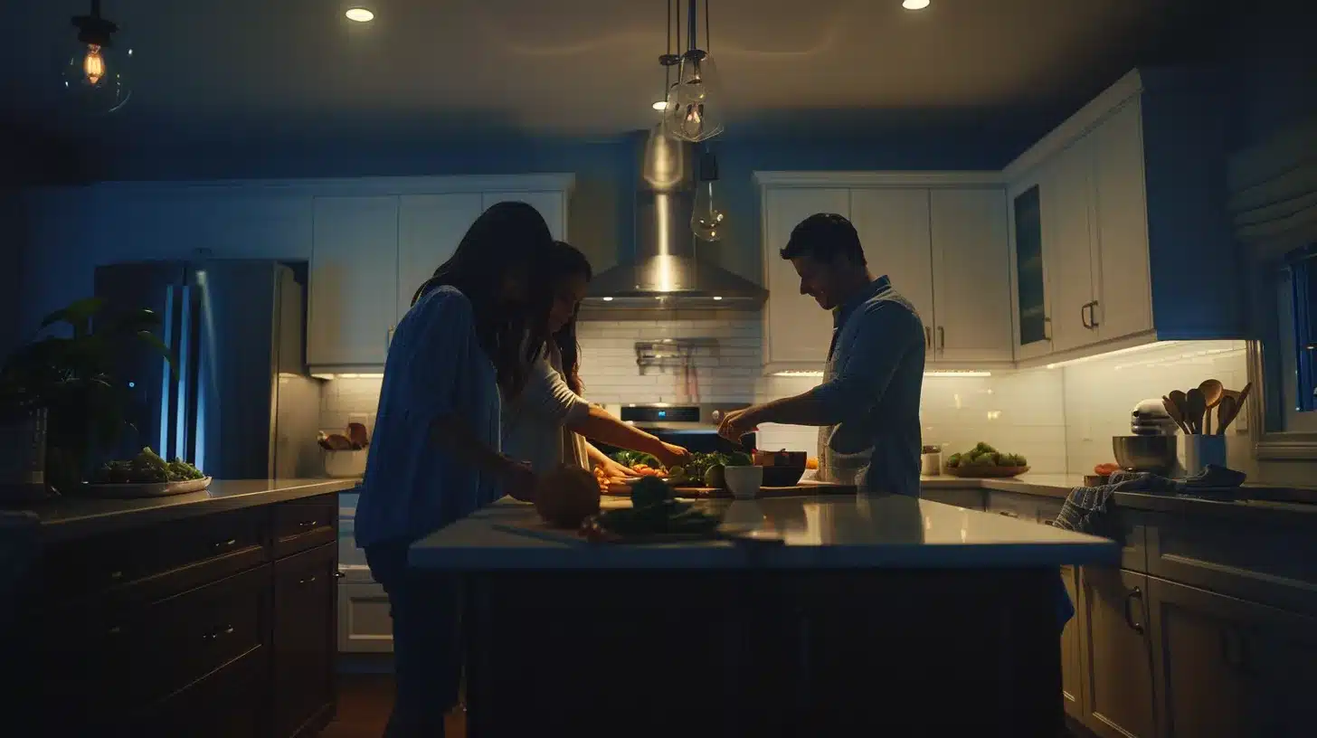 American family cooking healthy meals in the kitchen