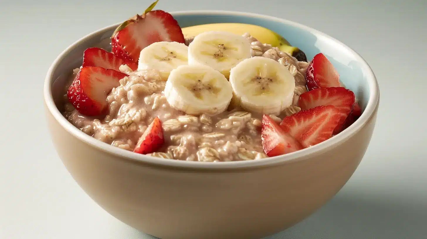 delicious overnight oats bowl with strawberries and banana